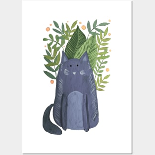 Cat and foliage - grey autumn Posters and Art